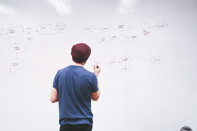 A man writing on a whiteboard with diagrams during Business Analyst Training.